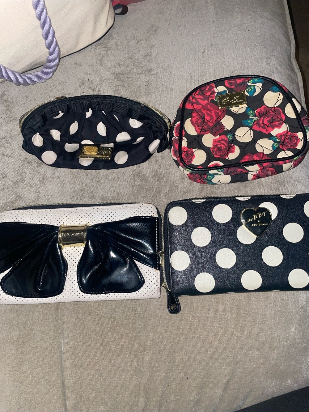 Betsey Johnson Black & White Polka Dot Wallets Trio with Floral Accent pouch